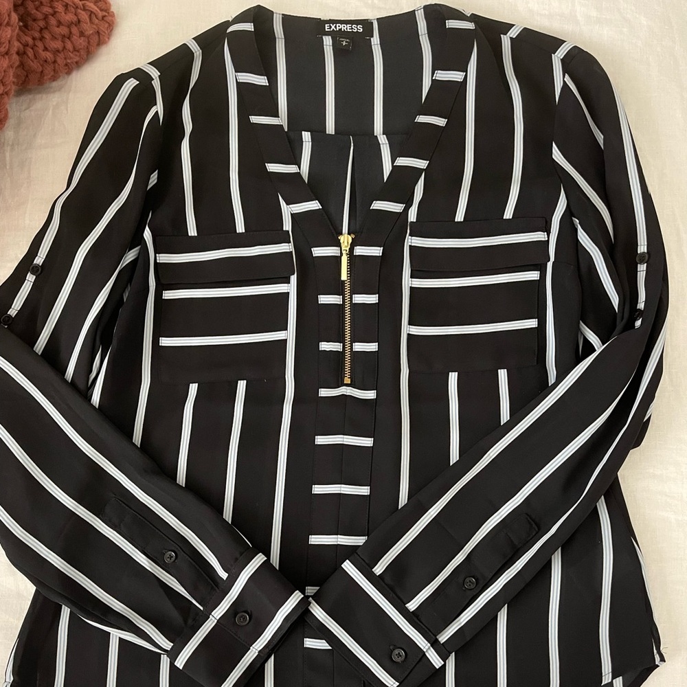 Blue and white striped black blouse, size small, barely worn